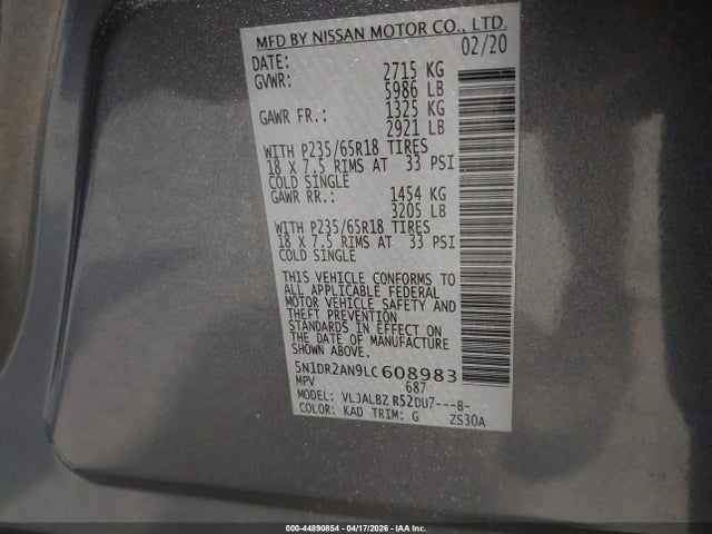 44890854 :رقم المزاد ، 5N1DR2AN9LC608983 vin ، 2020 Nissan Pathfinder S 2wd مزاد بيع