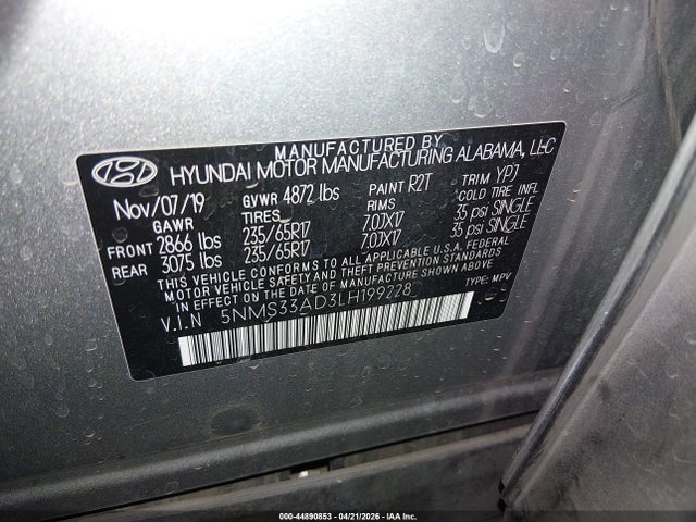 Продажа на аукционе авто 2020 Hyundai Santa Fe Sel, vin: 5NMS33AD3LH199228, номер лота: 44890853