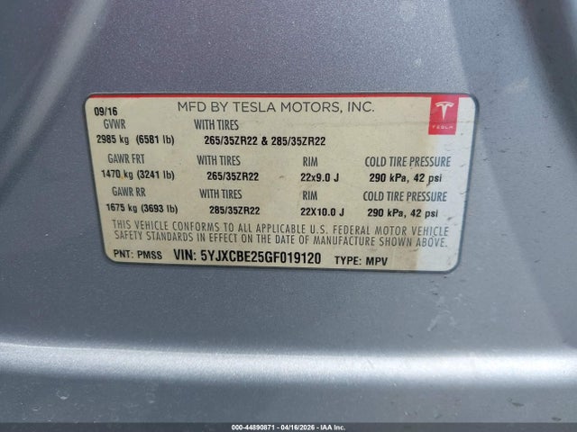 2016 Tesla Model X 60d/70d/75d/90d/p100d მანქანა იყიდება აუქციონზე, vin: 5YJXCBE25GF019120, აუქციონის ნომერი: 44890871