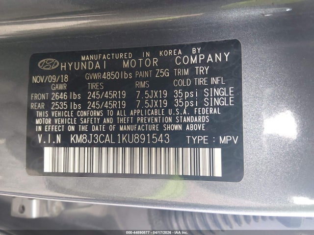 2019 Hyundai Tucson Sport მანქანა იყიდება აუქციონზე, vin: KM8J3CAL1KU891543, აუქციონის ნომერი: 44890877
