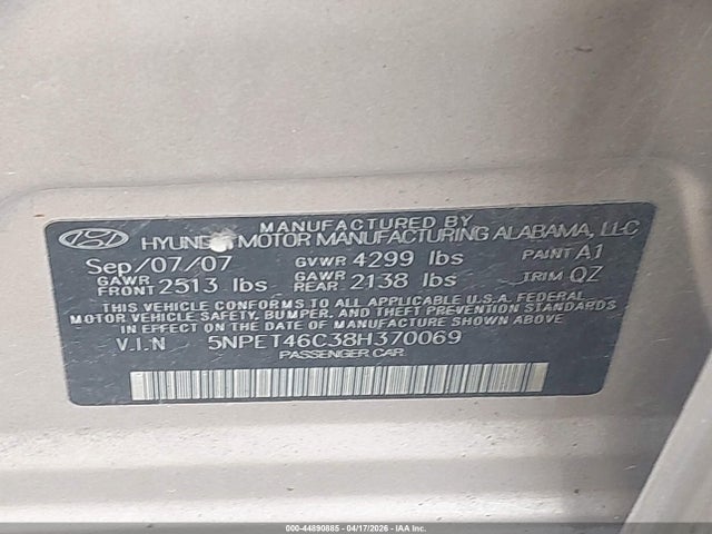 Продажа на аукционе авто 2008 Hyundai Sonata Gls, vin: 5NPET46C38H370069, номер лота: 44890885
