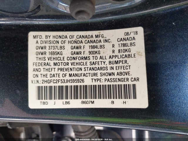 Honda Civic Lx 2018 2HGFC2F53JH595926 Image 9