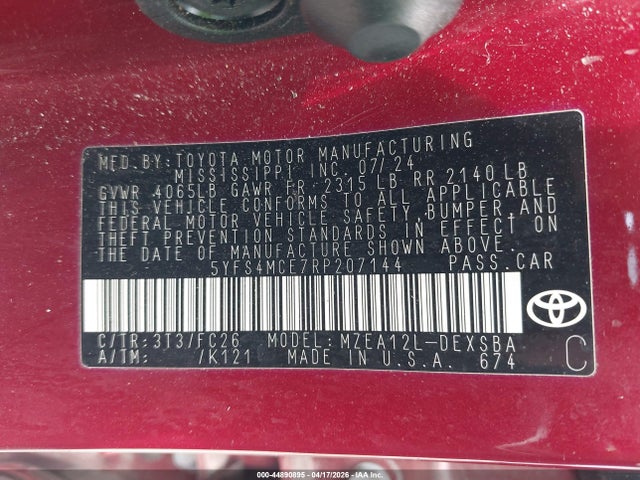 Продажа на аукционе авто 2024 Toyota Corolla Se, vin: 5YFS4MCE7RP207144, номер лота: 44890895