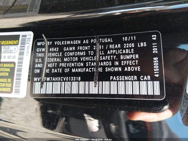 2012 Volkswagen Eos Executive/lux მანქანა იყიდება აუქციონზე, vin: WVWFW7AHXCV013318, აუქციონის ნომერი: 44890901