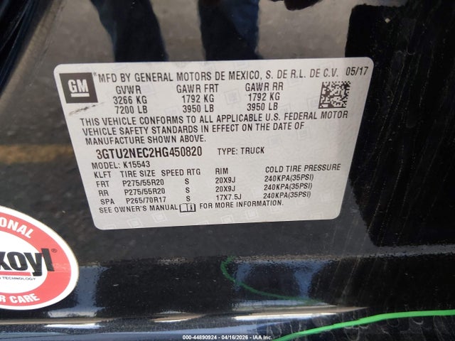 Aukcja sprzedaży 2017 Gmc Sierra 1500 Slt, vin: 3GTU2NEC2HG450820, numer aukcji: 44890924