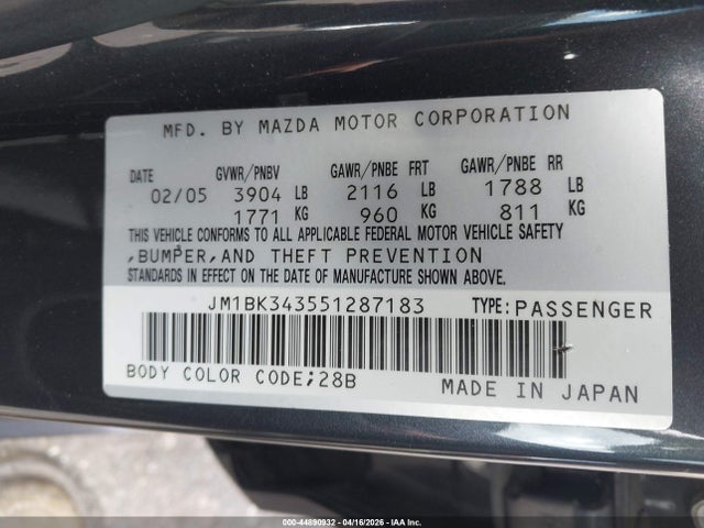 44890932 :رقم المزاد ، JM1BK343551287183 vin ، 2005 Mazda Mazda3 Sp23 مزاد بيع