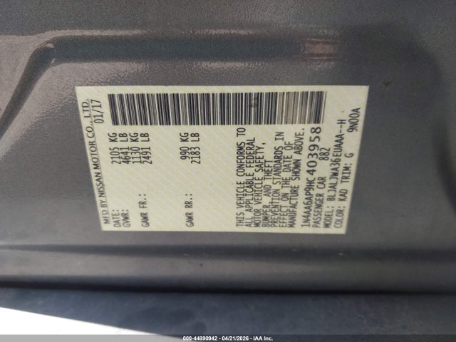 44890942 :رقم المزاد ، 1N4AA6AP9HC403958 vin ، 2017 Nissan Maxima 3.5 Sv مزاد بيع