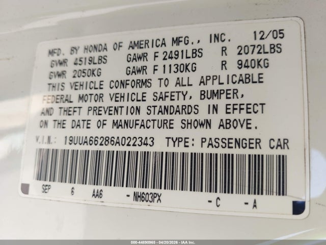 Aukcja sprzedaży 2006 Acura Tl, vin: 19UUA66286A022343, numer aukcji: 44890965