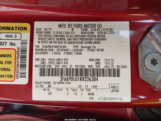 44890975 :رقم المزاد ، 3FA6P0LU1KR226304 vin ، 2019 Ford Fusion Hybrid Se مزاد بيع