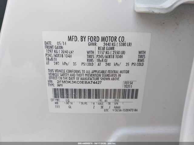 Продаж на аукціоні авто 2014 Ford Edge Limited, vin: 2FMDK3KC0EBA74427, номер лоту: 44890978