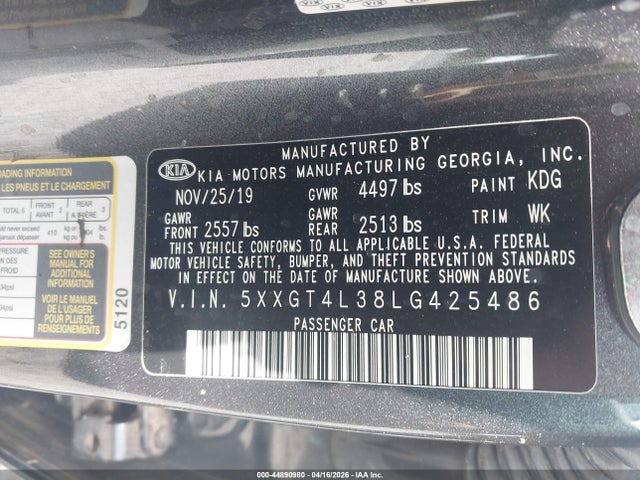 44890980 :رقم المزاد ، 5XXGT4L38LG425486 vin ، 2020 Kia Optima Lx مزاد بيع