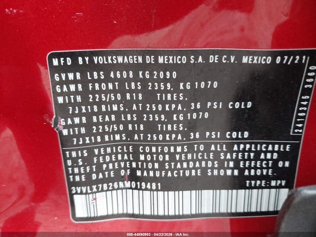 2022 Volkswagen Taos 1.5t Se მანქანა იყიდება აუქციონზე, vin: 3VVLX7B26NM019481, აუქციონის ნომერი: 44890993