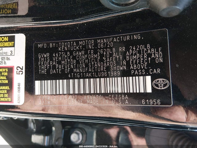 2020 Toyota Camry Se მანქანა იყიდება აუქციონზე, vin: 4T1G11AK1LU961989, აუქციონის ნომერი: 44890992