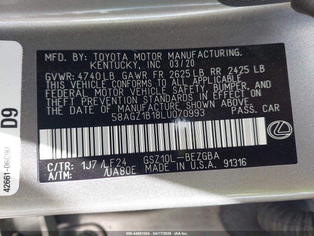 Aukcja sprzedaży 2020 Lexus Es 350 F Sport, vin: 58AGZ1B18LU070993, numer aukcji: 44891004