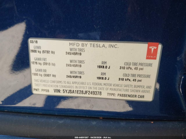 44891007 :رقم المزاد ، 5YJSA1E28JF249378 vin ، 2018 Tesla Model S 100d/75d/p100d مزاد بيع