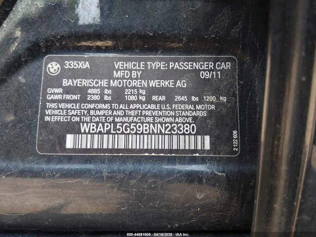 2011 Bmw 335i Xdrive მანქანა იყიდება აუქციონზე, vin: WBAPL5G59BNN23380, აუქციონის ნომერი: 44891009