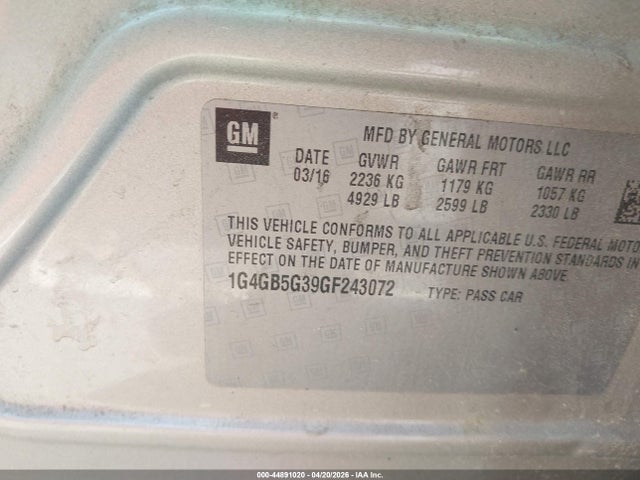 Продаж на аукціоні авто 2016 Buick Lacrosse Leather, vin: 1G4GB5G39GF243072, номер лоту: 44891020