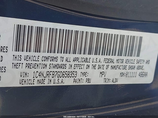 Aukcja sprzedaży 2016 Jeep Patriot High Altitude Edition, vin: 1C4NJRFB7GD658353, numer aukcji: 44891034