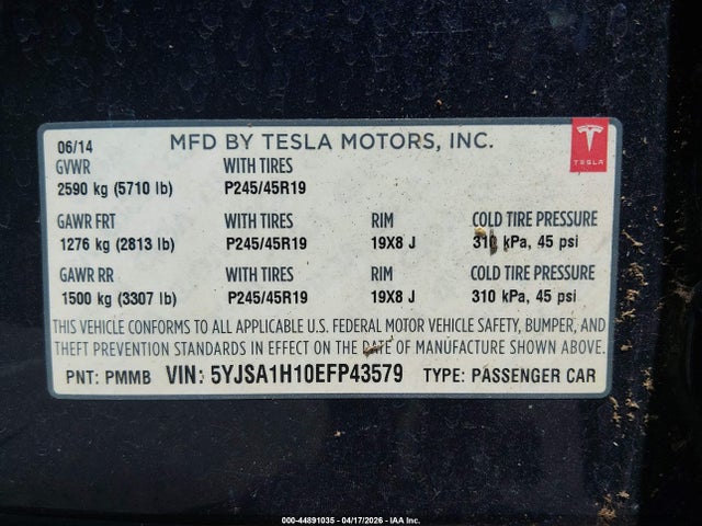Aukcja sprzedaży 2014 Tesla Model S P85, vin: 5YJSA1H10EFP43579, numer aukcji: 44891035