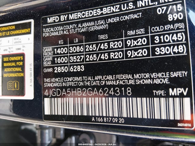Продаж на аукціоні авто 2016 Mercedes-benz Gle 350 4matic, vin: 4JGDA5HB2GA624318, номер лоту: 44891041
