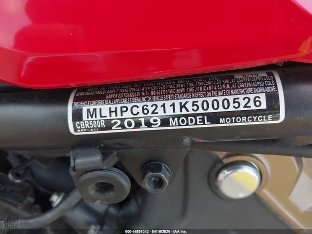 44891042 :رقم المزاد ، MLHPC6211K5000526 vin ، 2019 Honda Cbr500 R مزاد بيع