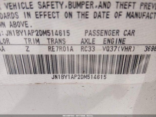 44891043 :رقم المزاد ، JN1BY1AP2DM514615 vin ، 2013 Infiniti M37 مزاد بيع
