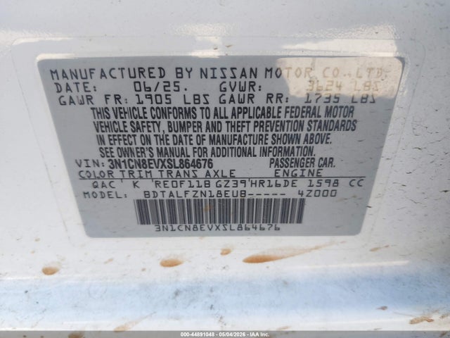 Aukcja sprzedaży 2025 Nissan Versa 1.6 Sv, vin: 3N1CN8EVXSL864676, numer aukcji: 44891048