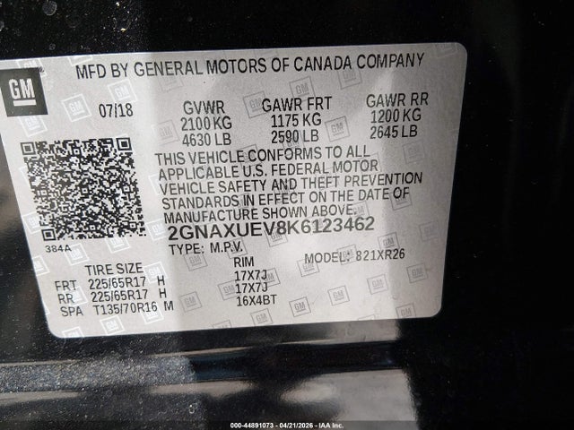 Продажа на аукционе авто 2019 Chevrolet Equinox Lt, vin: 2GNAXUEV8K6123462, номер лота: 44891073