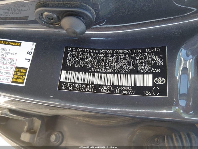 2013 Toyota Prius Two მანქანა იყიდება აუქციონზე, vin: JTDKN3DU6D1692239, აუქციონის ნომერი: 44891076