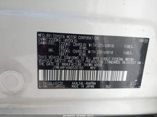 Продажа на аукционе авто 2022 Toyota Rav4 Hybrid Xse, vin: JTME6RFV6ND535765, номер лота: 44891079