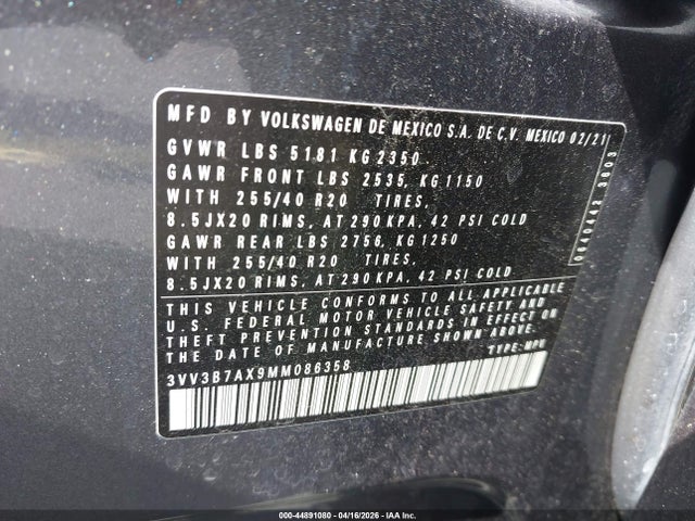 Auction sale of the 2021 Volkswagen Tiguan 2.0t Se/2.0t Se R-line Black/2.0t Sel, vin: 3VV3B7AX9MM086358, lot number: 44891080