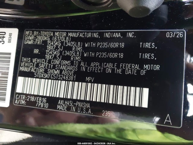 44891082 :رقم المزاد ، 5TDXSKFC5TS248381 vin ، 2026 Toyota Sienna Xse مزاد بيع