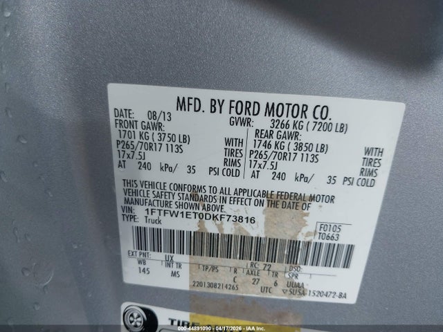 Продаж на аукціоні авто 2013 Ford F-150 Xlt, vin: 1FTFW1ET0DKF73816, номер лоту: 44891090