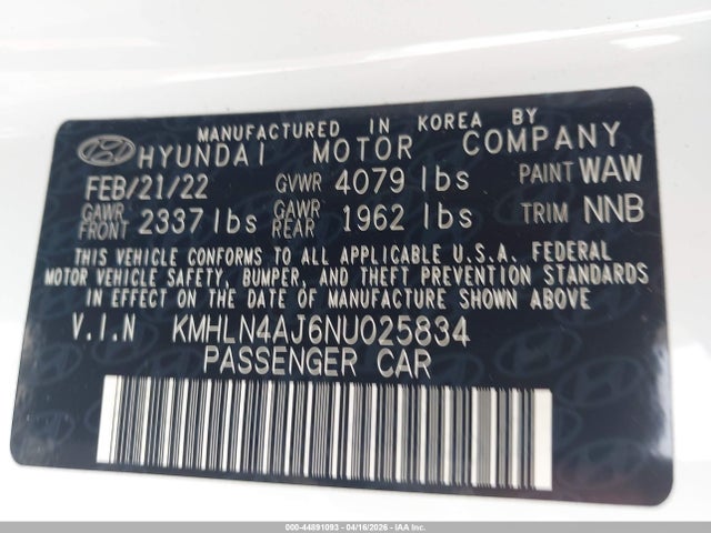 Aukcja sprzedaży 2022 Hyundai Elantra Hybrid Limited, vin: KMHLN4AJ6NU025834, numer aukcji: 44891093