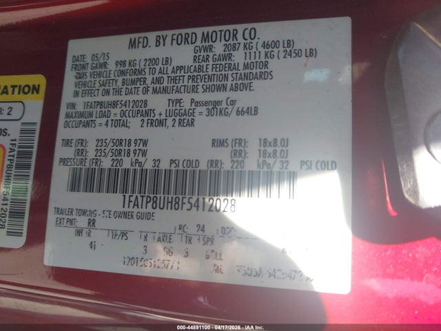 44891100 :رقم المزاد ، 1FATP8UH8F5412028 vin ، 2015 Ford Mustang Ecoboost Premium مزاد بيع