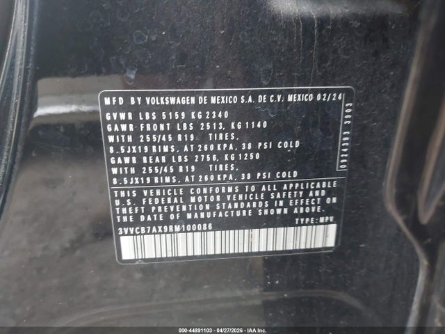 2024 Volkswagen Tiguan 2.0t Se R-line Black მანქანა იყიდება აუქციონზე, vin: 3VVCB7AX9RM100086, აუქციონის ნომერი: 44891103