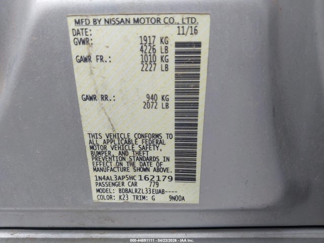 Продаж на аукціоні авто 2017 Nissan Altima 2.5 Sl, vin: 1N4AL3AP5HC162179, номер лоту: 44891111