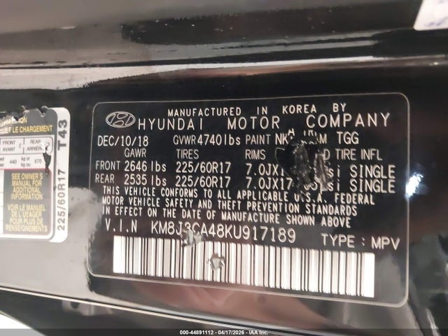 2019 Hyundai Tucson Value მანქანა იყიდება აუქციონზე, vin: KM8J3CA48KU917189, აუქციონის ნომერი: 44891112