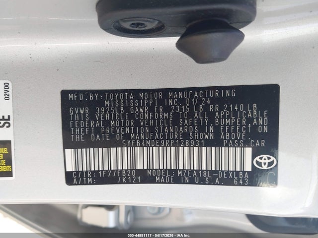 Aukcja sprzedaży 2024 Toyota Corolla Le, vin: 5YFB4MDE9RP128931, numer aukcji: 44891117
