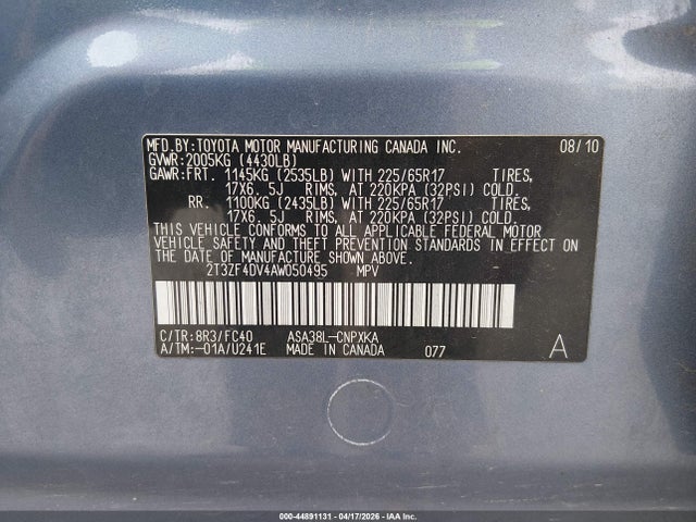 Aukcja sprzedaży 2010 Toyota Rav4, vin: 2T3ZF4DV4AW050495, numer aukcji: 44891131