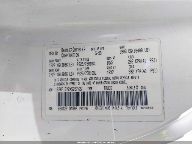 Aukcja sprzedaży 1999 Dodge Ram 1500 St, vin: 1B7HF16Y2XS297727, numer aukcji: 44891132