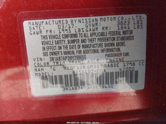 2017 Nissan Sentra Sv მანქანა იყიდება აუქციონზე, vin: 3N1AB7AP3HY298650, აუქციონის ნომერი: 44891144