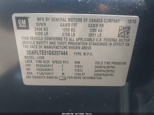 Продажа на аукционе авто 2016 Gmc Terrain Sle-2, vin: 2GKFLTE31G6207444, номер лота: 44891160