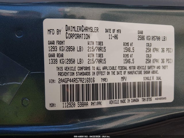44891163 :رقم المزاد ، 2A4GP44R57R216916 vin ، 2007 Chrysler Town & Country Lx مزاد بيع