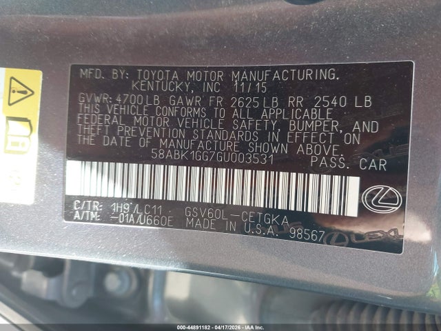 Aukcja sprzedaży 2016 Lexus Es 350, vin: 58ABK1GG7GU003531, numer aukcji: 44891182