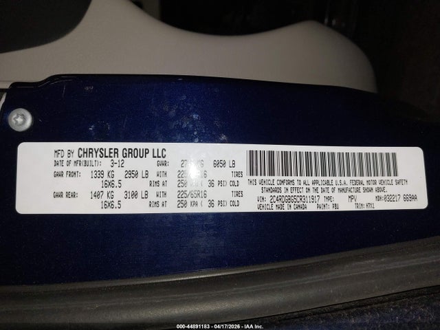 44891183 :رقم المزاد ، 2C4RDGBG5CR311917 vin ، 2012 Dodge Grand Caravan Se/avp مزاد بيع