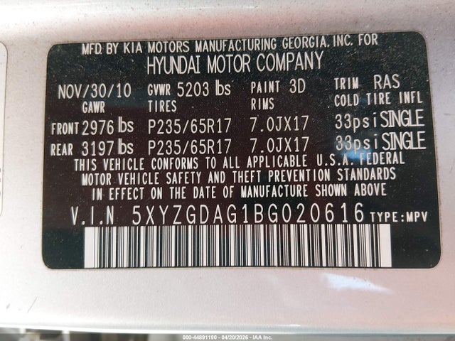 Продаж на аукціоні авто 2011 Hyundai Santa Fe Gls V6, vin: 5XYZGDAG1BG020616, номер лоту: 44891190