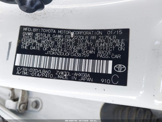 JTDKN3DU0F0438759 Toyota Prius Four