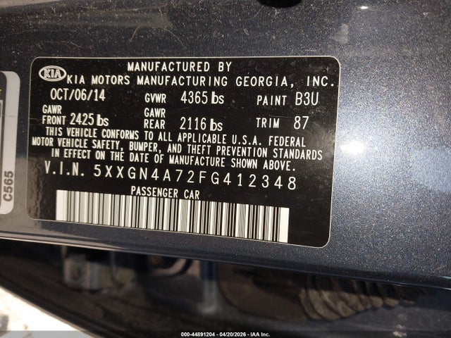 Aukcja sprzedaży 2015 Kia Optima Ex, vin: 5XXGN4A72FG412348, numer aukcji: 44891204