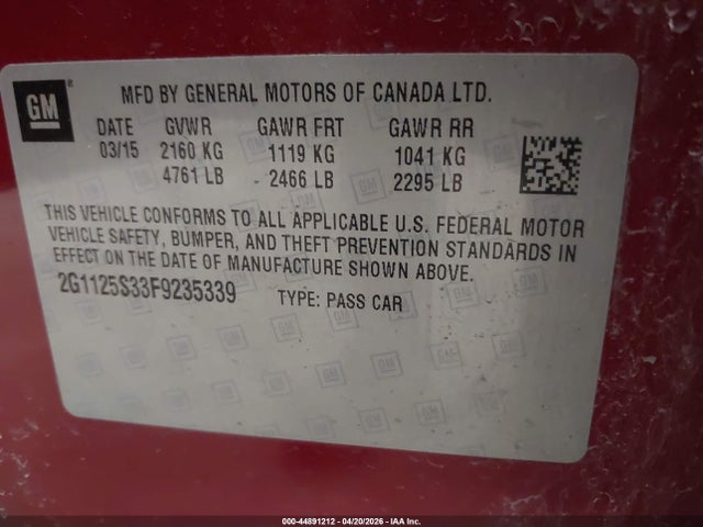 Продаж на аукціоні авто 2015 Chevrolet Impala 2lt, vin: 2G1125S33F9235339, номер лоту: 44891212